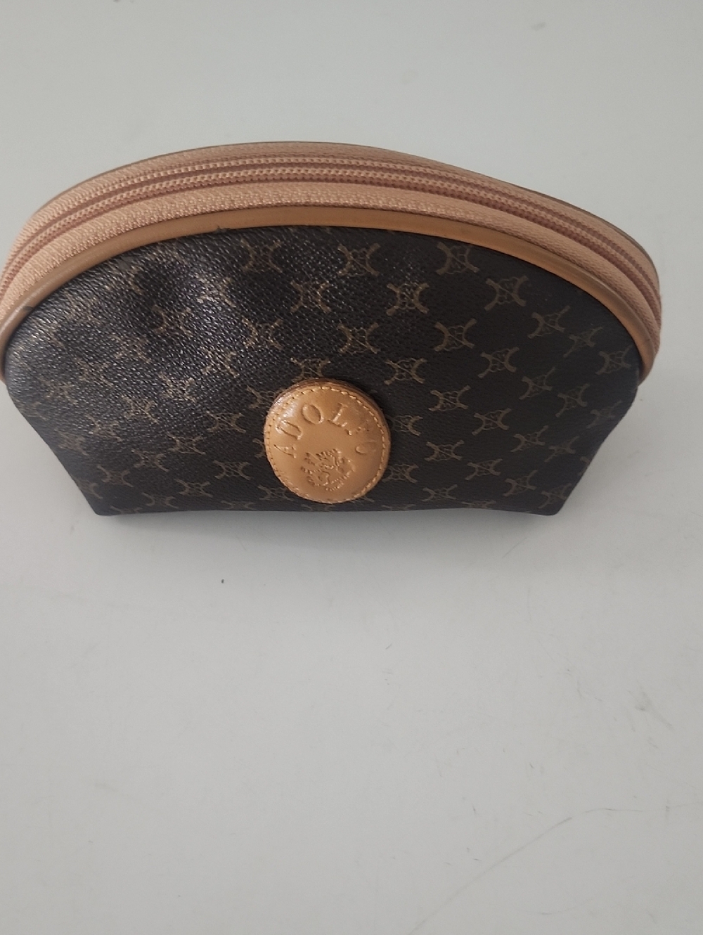 Adolfo Brown Monogram Cosmetic Pouch with Tan Trim